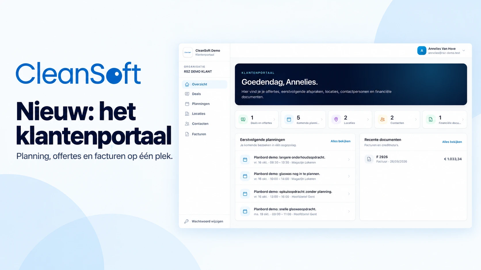 CleanSoft klantenportaal met planning, offertes en facturen in de herkenbare CleanSoft-huisstijl.