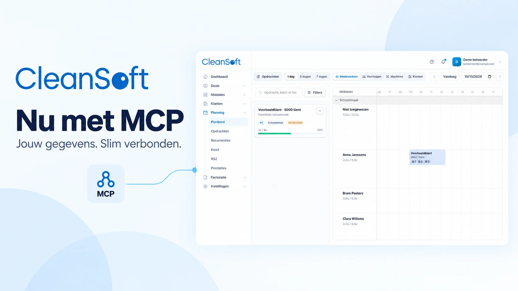 CleanSoft-logo en planbord met de aankondiging Nu met MCP: jouw gegevens, slim verbonden.