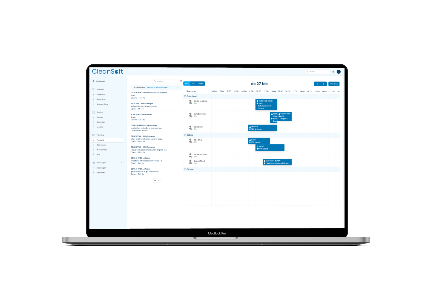 CleanSoft-planbord voor de digitale planning van schoonmaakteams en opdrachten